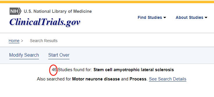 clinicaltrials.gov網(wǎng)站上注冊的有關(guān)干細胞治療肌萎縮側索硬化癥的臨床研究項目有46項。