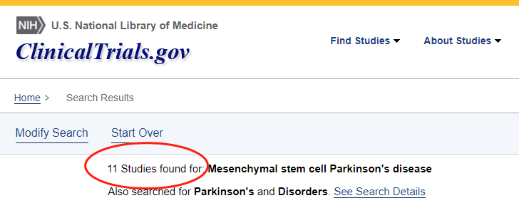 clinicaltrials.gov網(wǎng)站上注冊的有關(guān)間充質(zhì)干細胞治療帕金森病的臨床研究項目有11項。