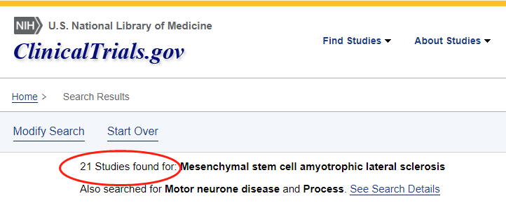 clinicaltrials.gov網(wǎng)站上注冊的有關(guān)間充質(zhì)干細胞治療肌萎縮側索硬化癥的臨床研究項目有21項。