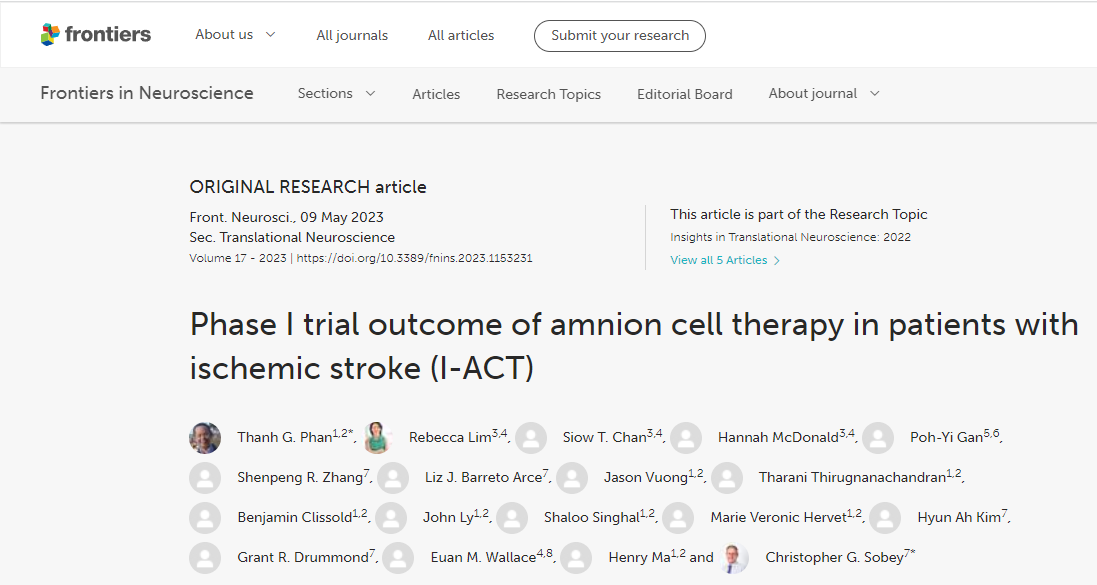 神經(jīng)科學(xué)前沿雜志:羊膜細胞療法治療缺血性中風(fēng)患者的I期試驗結果 神經(jīng)科學(xué)前沿雜志:羊膜細胞療法治療缺血性中風(fēng)患者的I期試驗結果