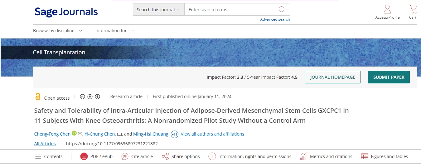 《細胞移植》期刊：關(guān)節內注射干細胞顯著(zhù)改善骨關(guān)節炎患者的疼痛和膝關(guān)節功能