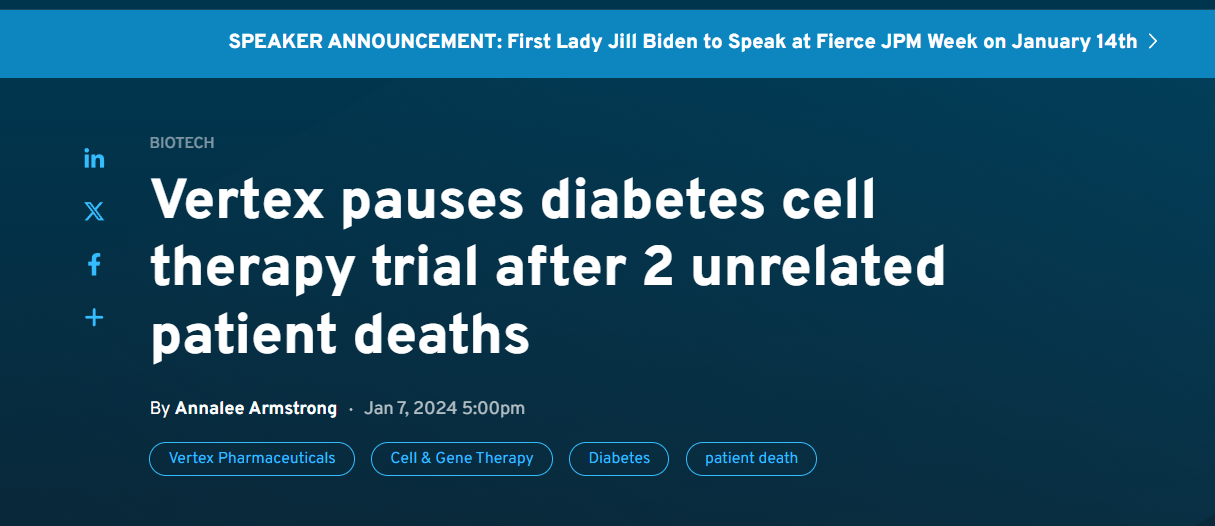 Vertex公司在兩例無(wú)關(guān)患者死亡后暫停干細胞治療糖尿病的試驗