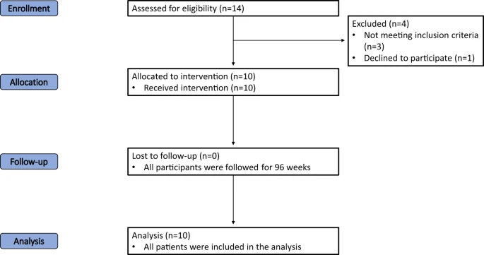 試驗各個(gè)階段（入組、分配、隨訪(fǎng)和分析）進(jìn)展的流程圖。