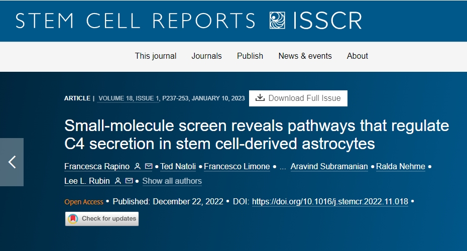小分子篩選揭示調節干細胞來(lái)源的星形膠質(zhì)細胞中 C4 分泌的途徑