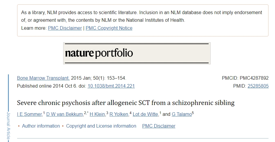 接受來(lái)自精神分裂癥同種異體 SCT 后出現嚴重慢性精神病