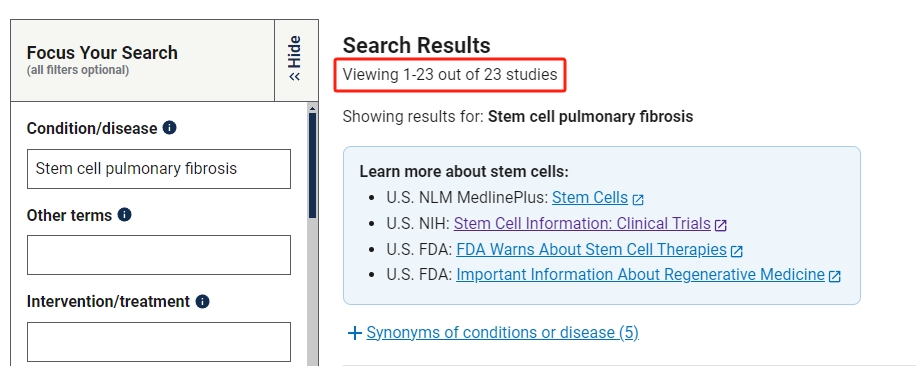 干細胞治療肺纖維化的臨床研究項目有23項。