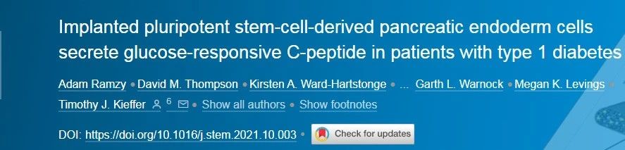 移植的多能干細胞衍生的胰腺內胚層細胞在1型糖尿病患者中分泌葡萄糖響應C肽