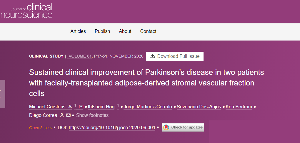 兩名接受面部移植脂肪來(lái)源的基質(zhì)血管成分細胞的帕金森病患者臨床癥狀持續改善
