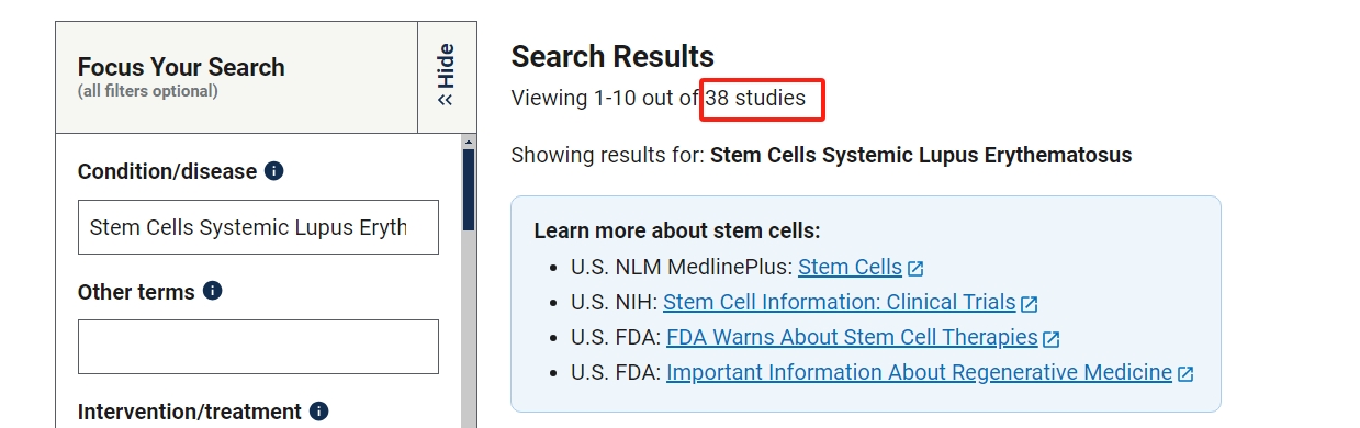 clinicaltrials.gov網(wǎng)站上注冊的有關(guān)干細胞治療系統性紅斑狼瘡的臨床研究項目有38項。其中已完成的有10項。
