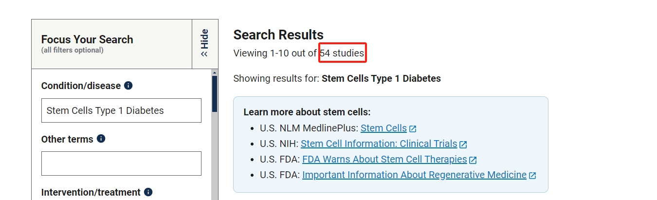 干細胞治療1型糖尿病的臨床研究項目有54項。其中已完成的有13項。