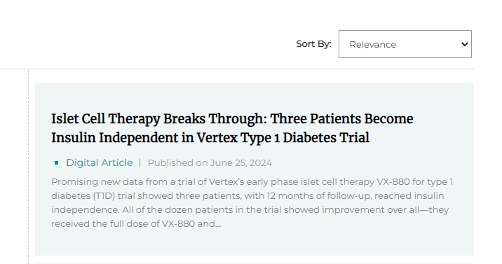胰島細胞療法取得突破：Vertex 1 型糖尿病試驗中三名患者不再依賴(lài)胰島素