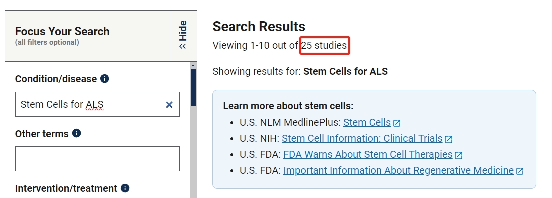 干細胞治療肌萎縮側索硬化癥的臨床研究項目有25項。其中已完成的有8項。