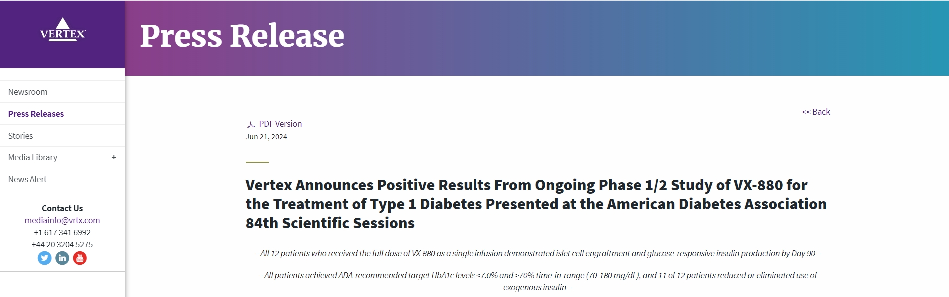 Vertex 宣布正在進(jìn)行的 VX-880 治療 1 型糖尿病的 1/2 期研究取得積極成果，并在美國糖尿病協(xié)會(huì )第 84 屆科學(xué)會(huì )議上發(fā)表