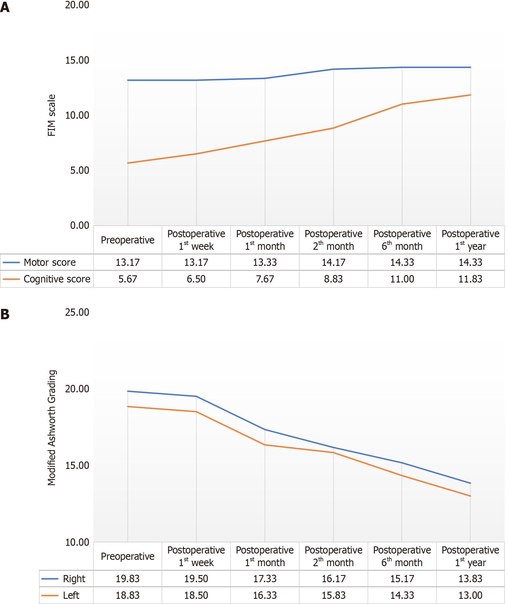 圖1：患者手術(shù)前、術(shù)后1周，術(shù)后1個(gè)月、2個(gè)月、6個(gè)月和1年時(shí)功能獨立性測量運動(dòng)和認知評分值及改良Ashworth評分左右值平均分的變化。