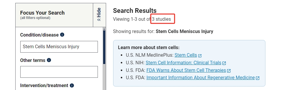 clinicaltrials.gov網(wǎng)站上注冊的有關(guān)干細胞治療半月板損傷的臨床研究項目有3項