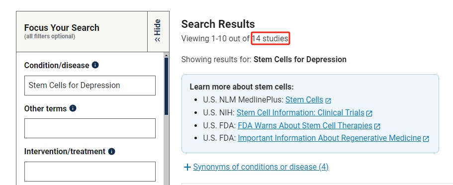 干細胞治療抑郁癥臨床研究項目有14項。其中已完成的有10項。