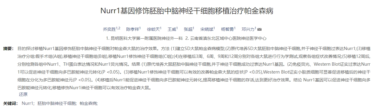 Nurr1基因修飾胚胎中腦神經(jīng)干細胞移植治療帕金森病