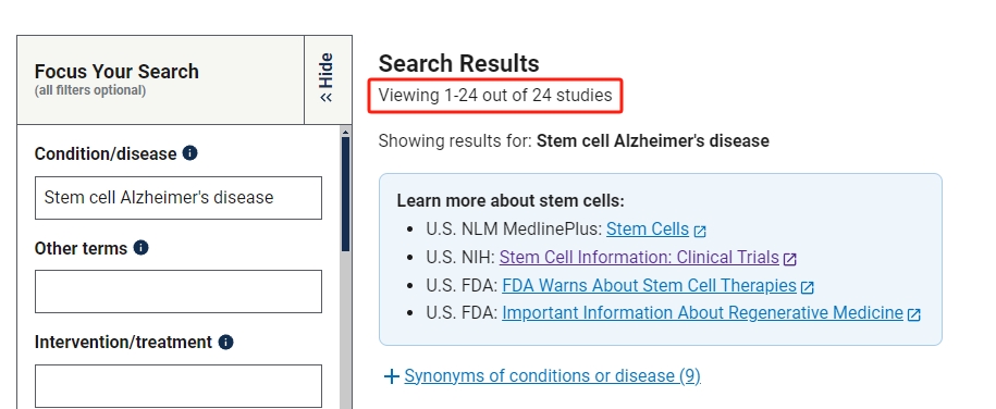 干細胞治療阿爾茨海默病的臨床研究項目有24項。