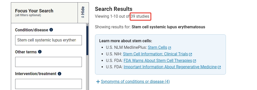 干細胞治療系統性紅斑狼瘡臨床研究項目有39項。其中國內發(fā)布的占據8項。