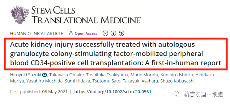 自體粒細胞集落刺激因子動(dòng)員外周血 CD34 陽(yáng)性細胞移植成功治療急性腎損傷：首次人體報告