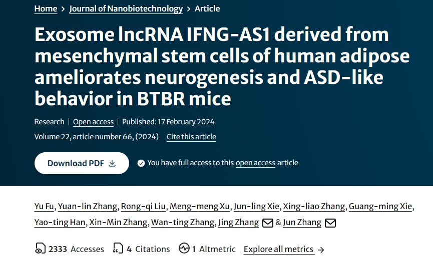 源自人類(lèi)脂肪間充質(zhì)干細胞的外泌體 lncRNA IFNG-AS1改善BTBR小鼠的神經(jīng)發(fā)生和ASD樣行為