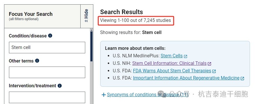 clinicaltrials.gov網(wǎng)站上注冊的有關(guān)干細胞的臨床試驗有7245項。