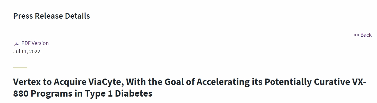 Vertex 收購 ViaCyte，旨在加速其在 1 型糖尿病領(lǐng)域具有潛在治愈作用的 VX-880 項目