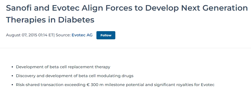 糖尿病療法賽諾菲與 Evotec 聯(lián)手開(kāi)發(fā)下一代