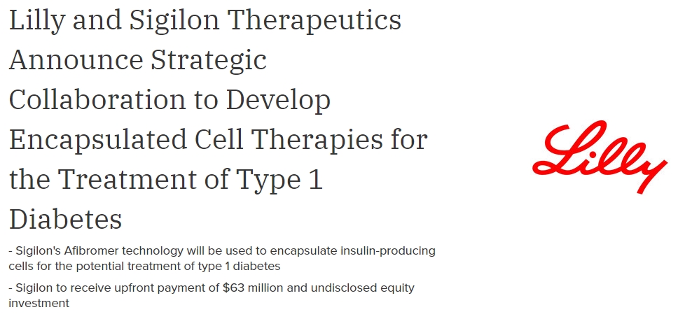 Lilly公司與 Sigilon Therapeutics 宣布開(kāi)展戰略合作，開(kāi)發(fā)用于治療 1 型糖尿病的封裝細胞療法