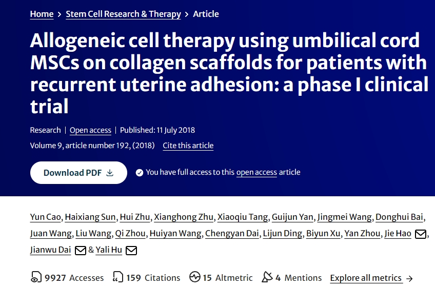 使用臍帶MSCs在膠原支架上進(jìn)行異基因細胞治療復發(fā)性宮粘連患者：一項I期臨床試驗