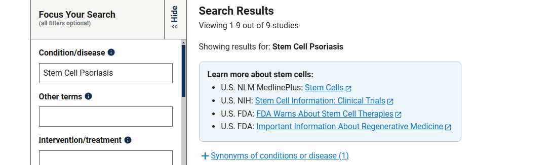 有關(guān)干細胞治療銀屑病臨床研究項目有9項，已完成的有4項。