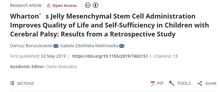 沃頓果凍間充質(zhì)干細胞治療可改善腦癱兒童的生活質(zhì)量和自給自足能力：一項回顧性研究的結果