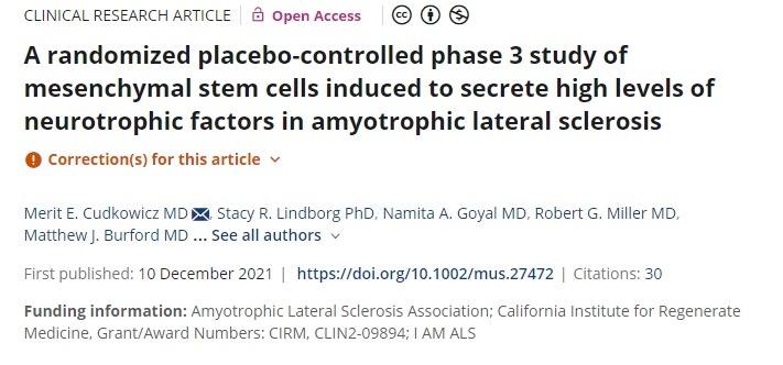 一項關(guān)于誘導間充質(zhì)干細胞分泌高水平神經(jīng)營(yíng)養因子治療肌萎縮側索硬化癥的隨機安慰劑對照 3 期研究