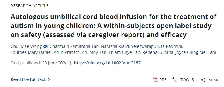 自體臍帶血輸注治療幼兒自閉癥:一項關(guān)于安全性(通過(guò)護理人員報告評估)和有效性的受試者內開(kāi)放標簽研究 自體臍帶血輸注治療幼兒自閉癥:一項關(guān)于安全性(通過(guò)護理人員報告評估)和有效性的受試者內開(kāi)放標簽研究