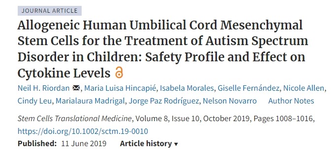 同種異體人臍帶間充質(zhì)干細胞治療兒童自閉癥譜系障礙：安全性和對細胞因子水平的影響