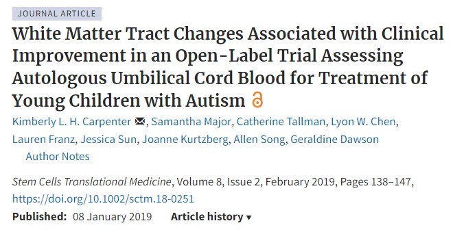 一項開(kāi)放標簽試驗評估自體臍帶血治療自閉癥幼兒的效果，結果表明白質(zhì)束變化與臨床改善相關(guān)