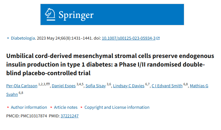 《臍帶間充質(zhì)基質(zhì)細胞保留 1 型糖尿病患者的內源性胰島素產(chǎn)生：一項 I/II 期隨機雙盲安慰劑對照試驗》