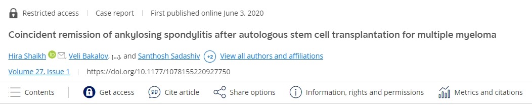 自體干細胞移植治療多發(fā)性骨髓瘤后強直性脊柱炎同時(shí)緩解