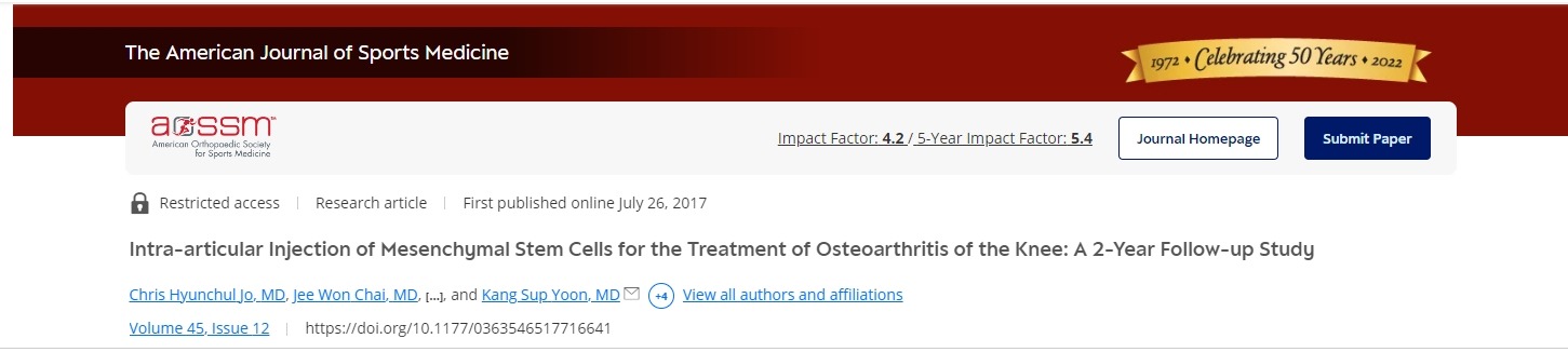 美國運動(dòng)雜志：關(guān)節內注射間充質(zhì)干細胞治療膝關(guān)節骨關(guān)節炎：為期2年的隨訪(fǎng)研究