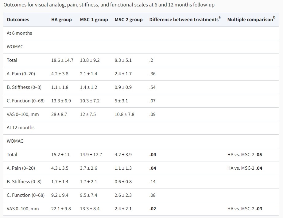 圖2：6個(gè)月和12個(gè)月隨訪(fǎng)中的視覺(jué)模擬、疼痛、僵硬和功能量表結果