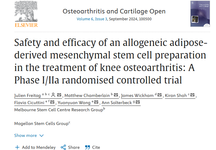 同種異體脂肪間充質(zhì)干細胞制劑治療膝關(guān)節骨關(guān)節炎的安全性和有效性：I/IIa 期隨機對照試驗