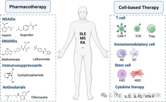 圖3：自身免疫性疾病的藥物治療和細胞治療。