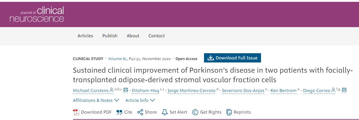 面部移植間充質(zhì)干細胞治療2例帕金森病患者，患者臨床癥狀持續改善