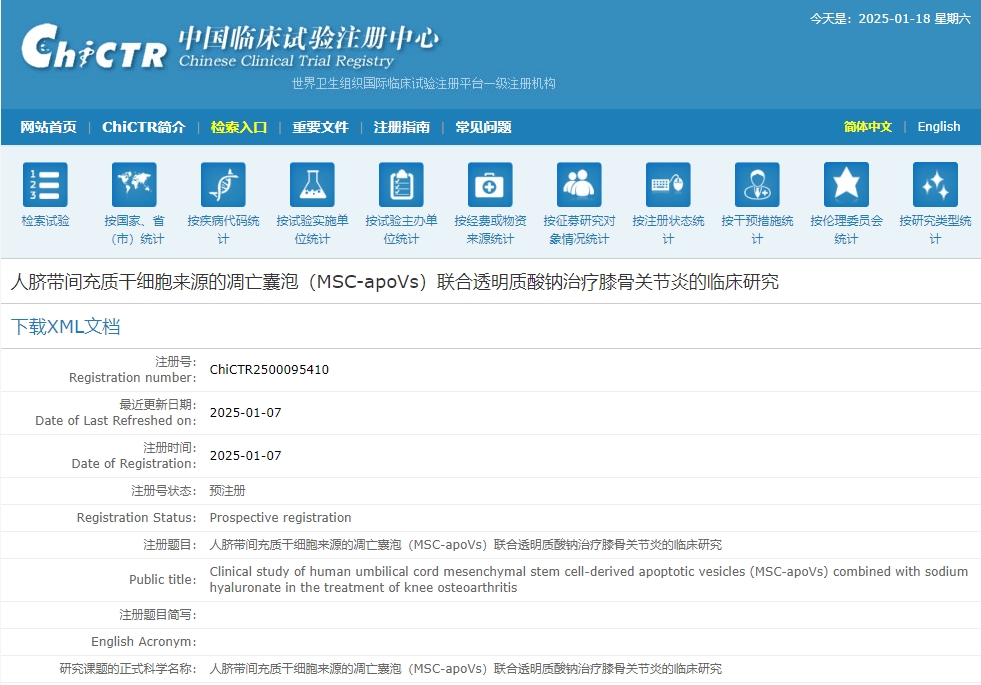 人臍帶間充質(zhì)干細胞來(lái)源的凋亡囊泡(MSC-apoVs)聯(lián)合透明質(zhì)酸鈉治療膝骨關(guān)節炎的臨床研究 人臍帶間充質(zhì)干細胞來(lái)源的凋亡囊泡(MSC-apoVs)聯(lián)合透明質(zhì)酸鈉治療膝骨關(guān)節炎的臨床研究