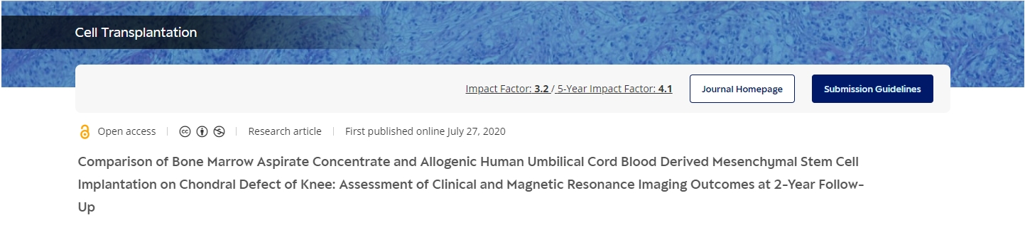 骨髓抽吸濃縮物和同種異體人臍帶血間充質(zhì)干細胞移植治療膝關(guān)節軟骨缺損的比較：2年隨訪(fǎng)臨床和磁共振成像結果評估