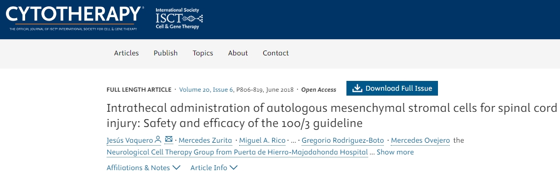 自體間充質(zhì)基質(zhì)細胞鞘內給藥治療脊髓損傷：100/3指南的安全性和有效性