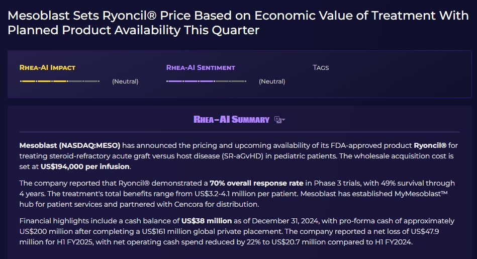 Mesoblast根據治療的經(jīng)濟價(jià)值確定Ryoncil?價(jià)格，預計本季度產(chǎn)品上市