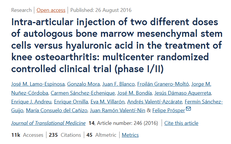 關(guān)節腔內注射兩種不同劑量自體骨髓間充質(zhì)干細胞與透明質(zhì)酸治療膝骨關(guān)節炎的多中心隨機對照臨床試驗（I/II期）