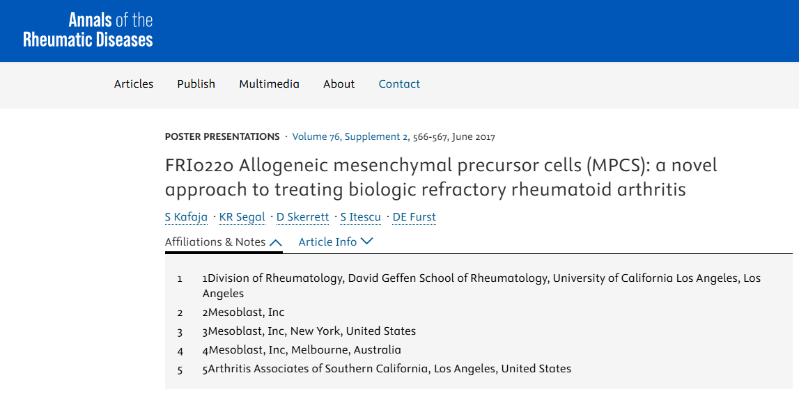 FRI0220 同種異體間充質(zhì)前體細胞（MPCS）：治療生物難治性類(lèi)風(fēng)濕性關(guān)節炎的新方法