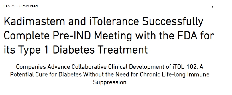 Kadimastem 和 iTolerance 成功完成與 FDA 的 1 型糖尿病治療藥物 IND 前會(huì )議